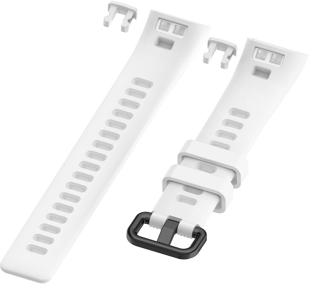 Dwa białe paski do zegarka z czarną klamrą i klipsami mocującymi.
