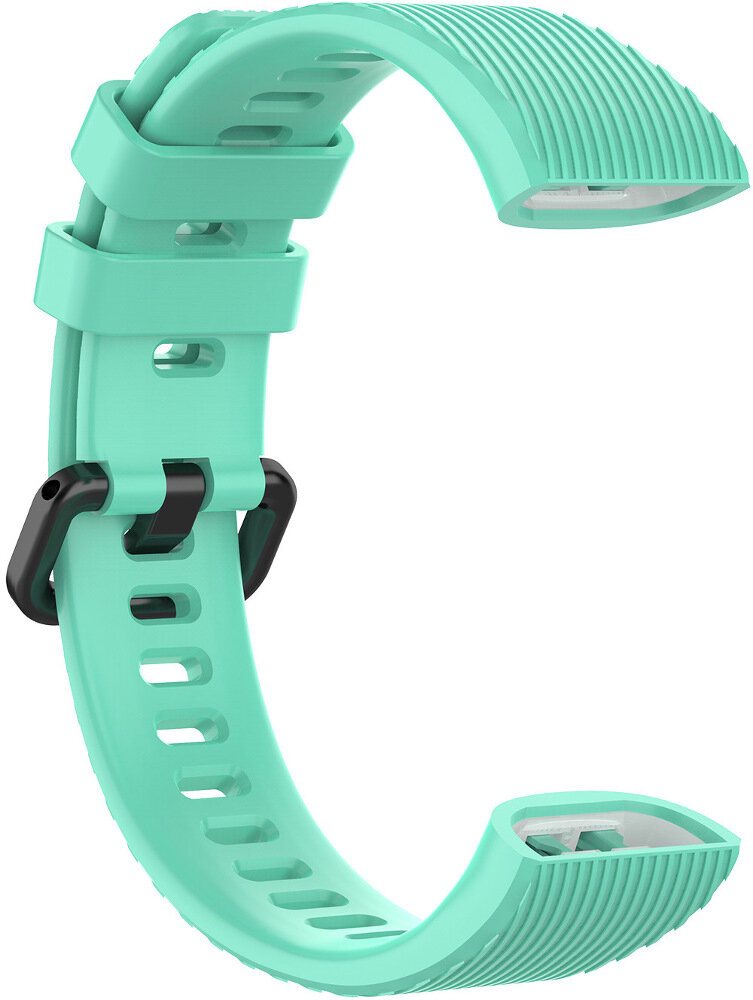 Turkusowa opaska na zegarek z czarnymi klamrami i otworami wentylacyjnymi.