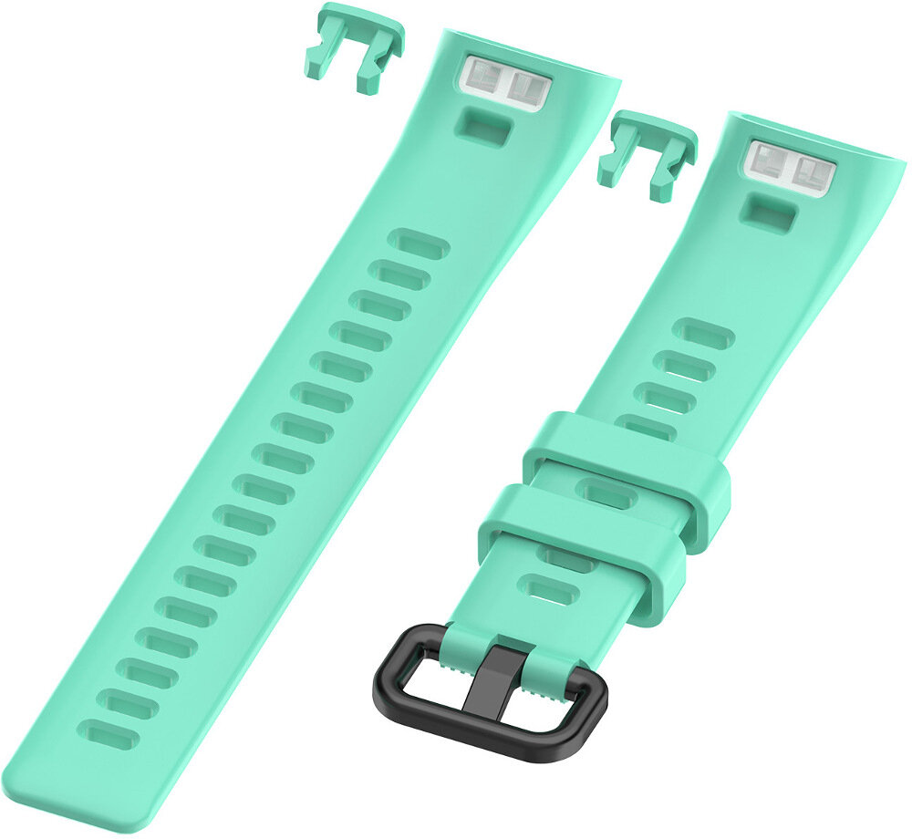 Dwa turkusowe paski do zegarka z czarnymi klamrami i złączami.