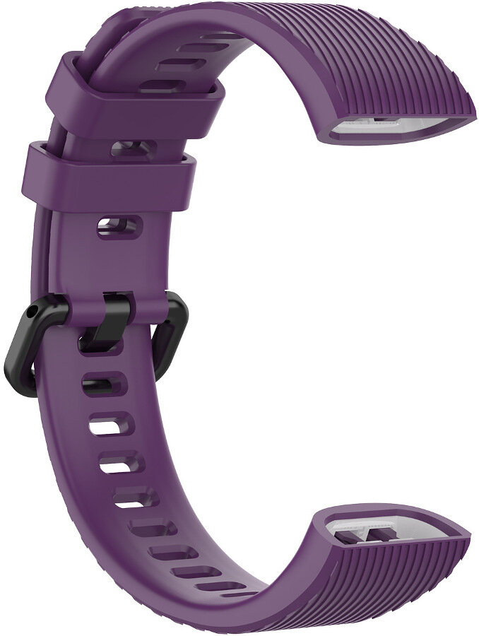Fioletowa opaska do zegarka z prążkami i czarną klamrą.