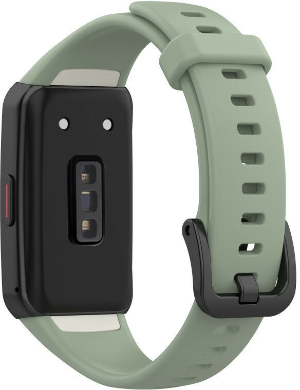 Zielony pasek smartwatch z czarną obudową i stykami ładowania.