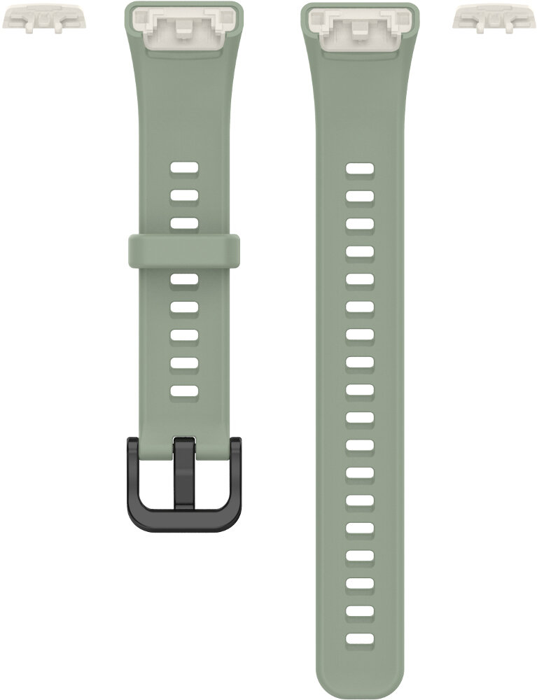 Dwa zielone paski do zegarka z czarną klamrą i białymi złączami.
