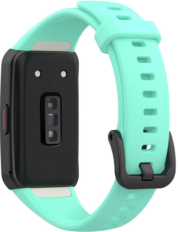 Turkusowa opaska smart z czarnym ekranem i czarną klamrą.