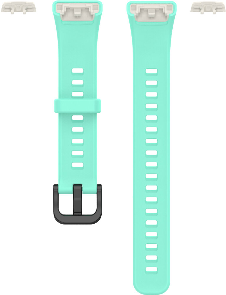 Dwa turkusowe paski do zegarka z klamrą i złączkami na białym tle.