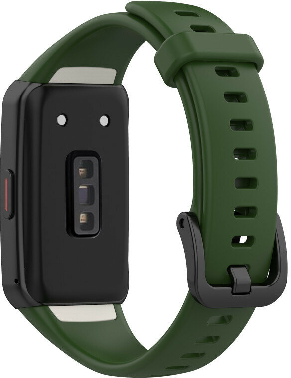 Zielona opaska smartwatch z czarną obudową i stykami ładowania.