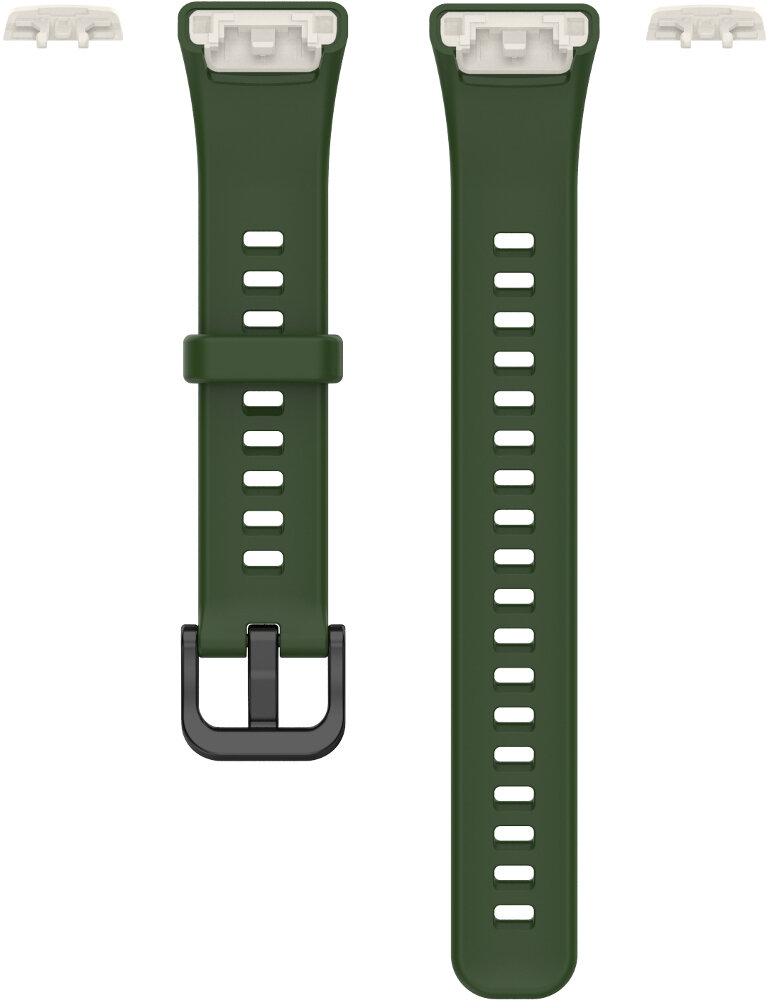 Dwa zielone paski do zegarka ze złączami i klamrą na białym tle.