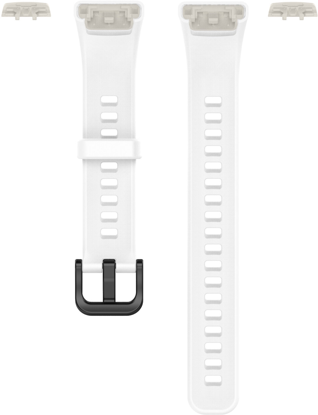 Dwa białe paski do zegarka z czarną klamrą i złączkami.