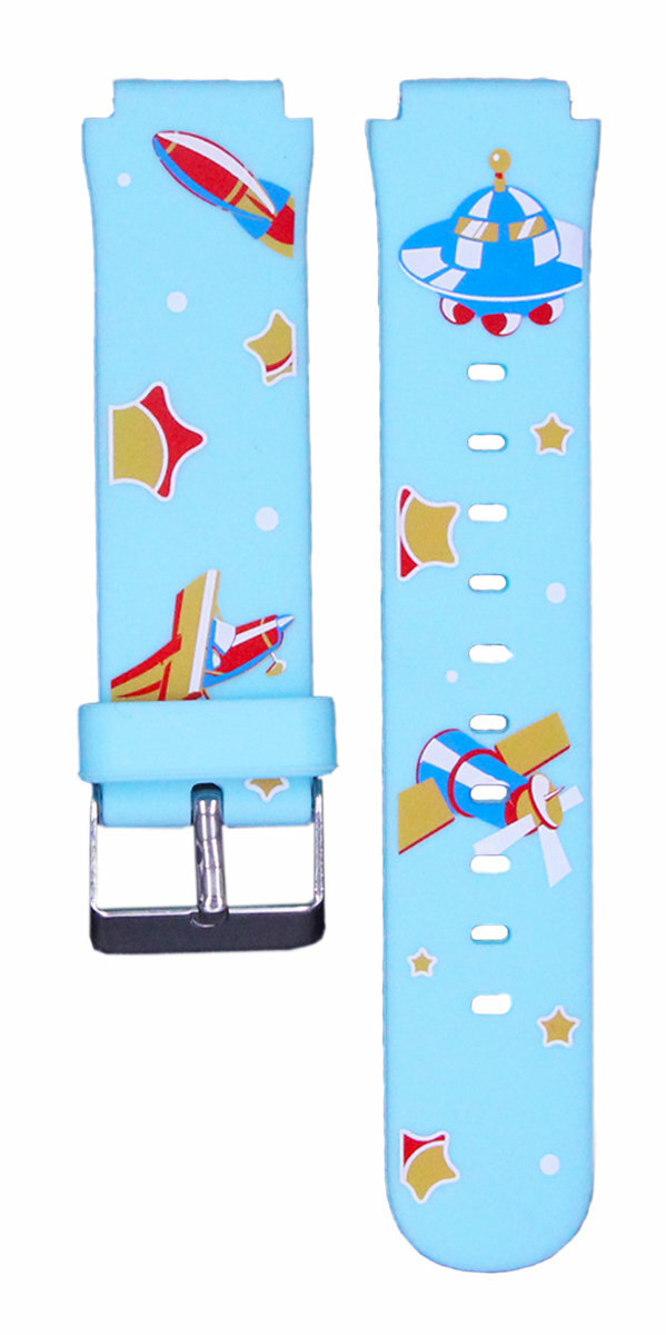 Dwa jasnoniebieskie paski do zegarków z kolorowymi rakietami, samolotami i gwiazdami z kreskówek.