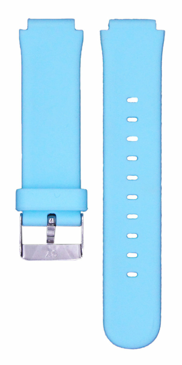Dwa jasnoniebieskie paski do zegarka ze srebrnymi sprzączkami. Jeden ma otwory do regulacji.