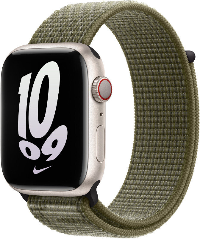 Apple Watch z zielonym paskiem z tkaniny. Tarcza zegarka pokazuje liczbę 10 i logo Nike.