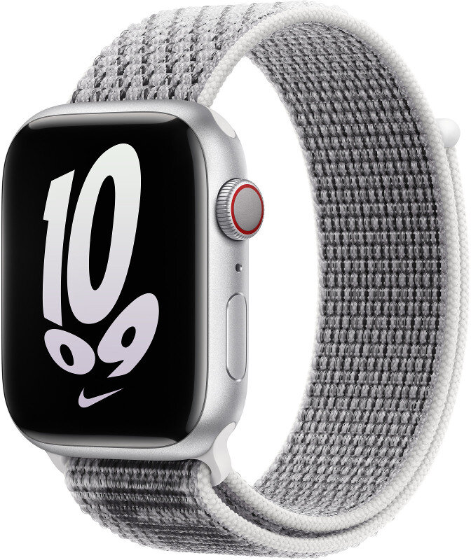 Srebrny Apple Watch Series 7 z szaro-białym paskiem sport loop.
