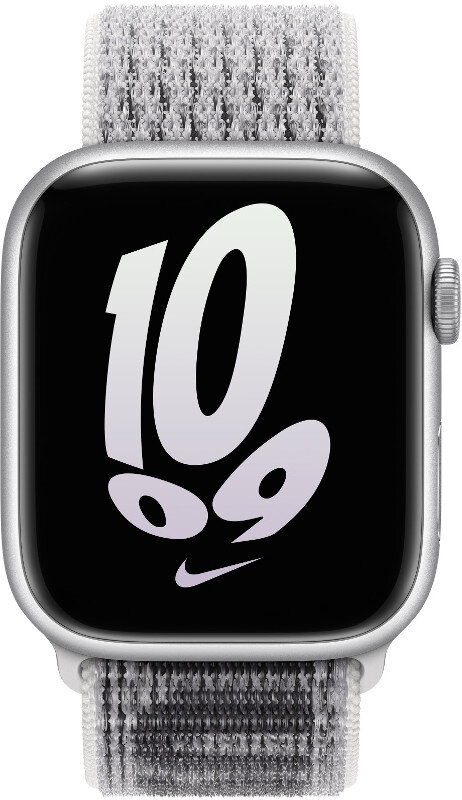 Apple Watch z białym paskiem pokazującym liczbę 10 na ekranie.