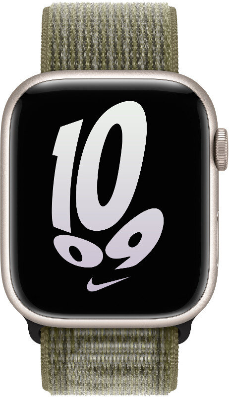 Apple Watch z zielonym paskiem, wyświetlający numer 10.