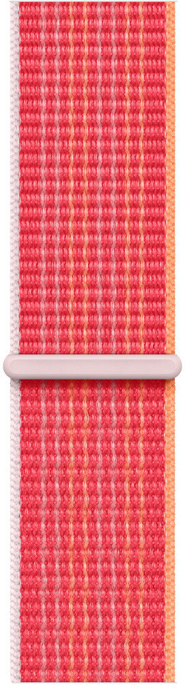 Tkany czerwono-pomarańczowy pasek do zegarka z białym zapięciem.