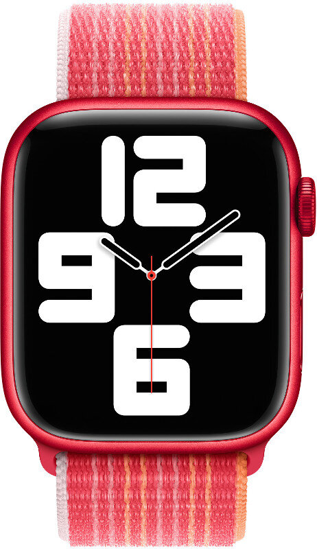 Czerwony Apple Watch z białymi cyframi na czarnym ekranie. Czerwony pasek z białym i pomarańczowym wzorem.