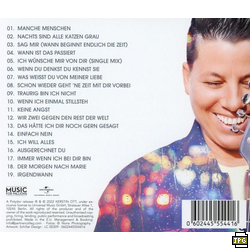 Rückseite einer CD-Hülle mit Text und Bildern. Eine Person lächelt und hält eine Gitarre.