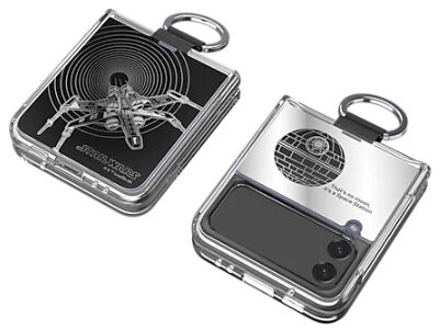 Dwa etui na telefony. Jedno przedstawia design Star Wars X-Wing, drugie Gwiazdę Śmierci. Oba mają srebrny pierścień.