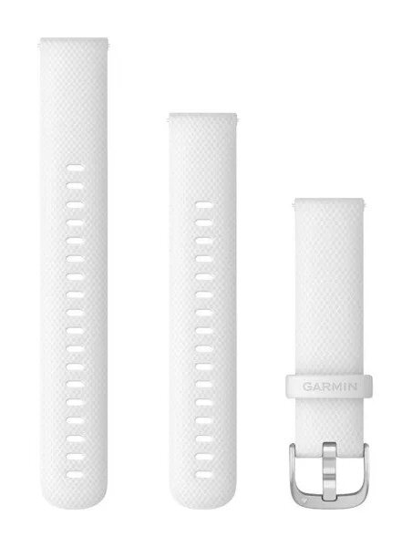 Trzy białe paski do zegarka Garmin. Dwa z otworami, jeden z klamrą. Teksturowana powierzchnia.