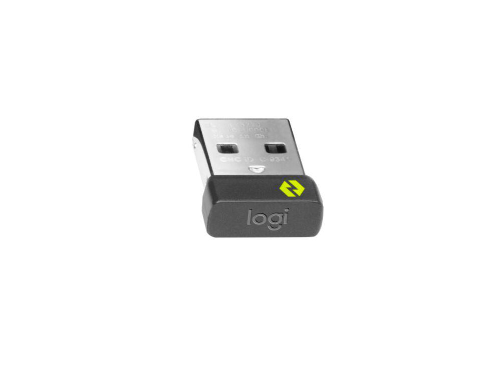 Ein Logitech USB-Empfänger für eine Maus, dunkelgrau mit Logo.