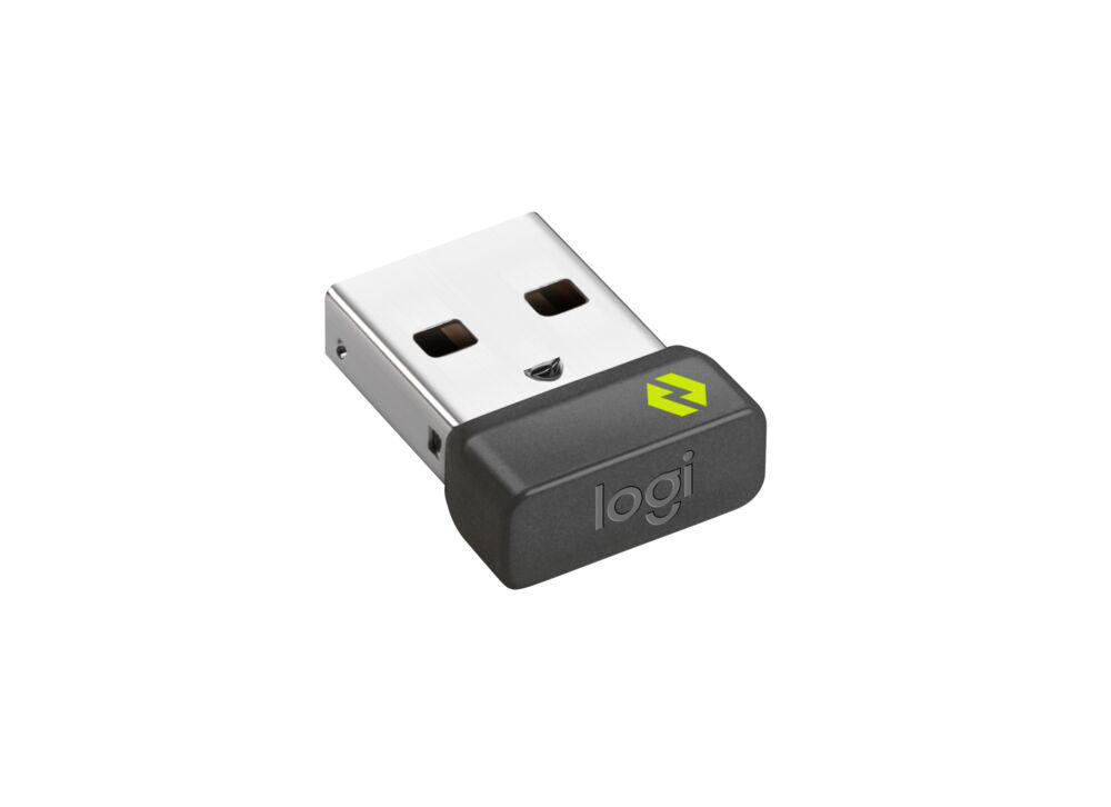 Ein USB-Empfänger mit schwarzem und grauem Design, Logo oben.
