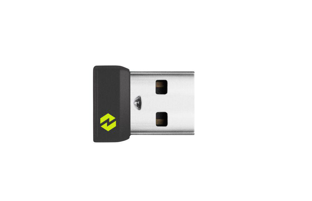 Schwarzer USB-Stick mit gelbem Logo. Silberner USB-Anschluss auf weißem Hintergrund.