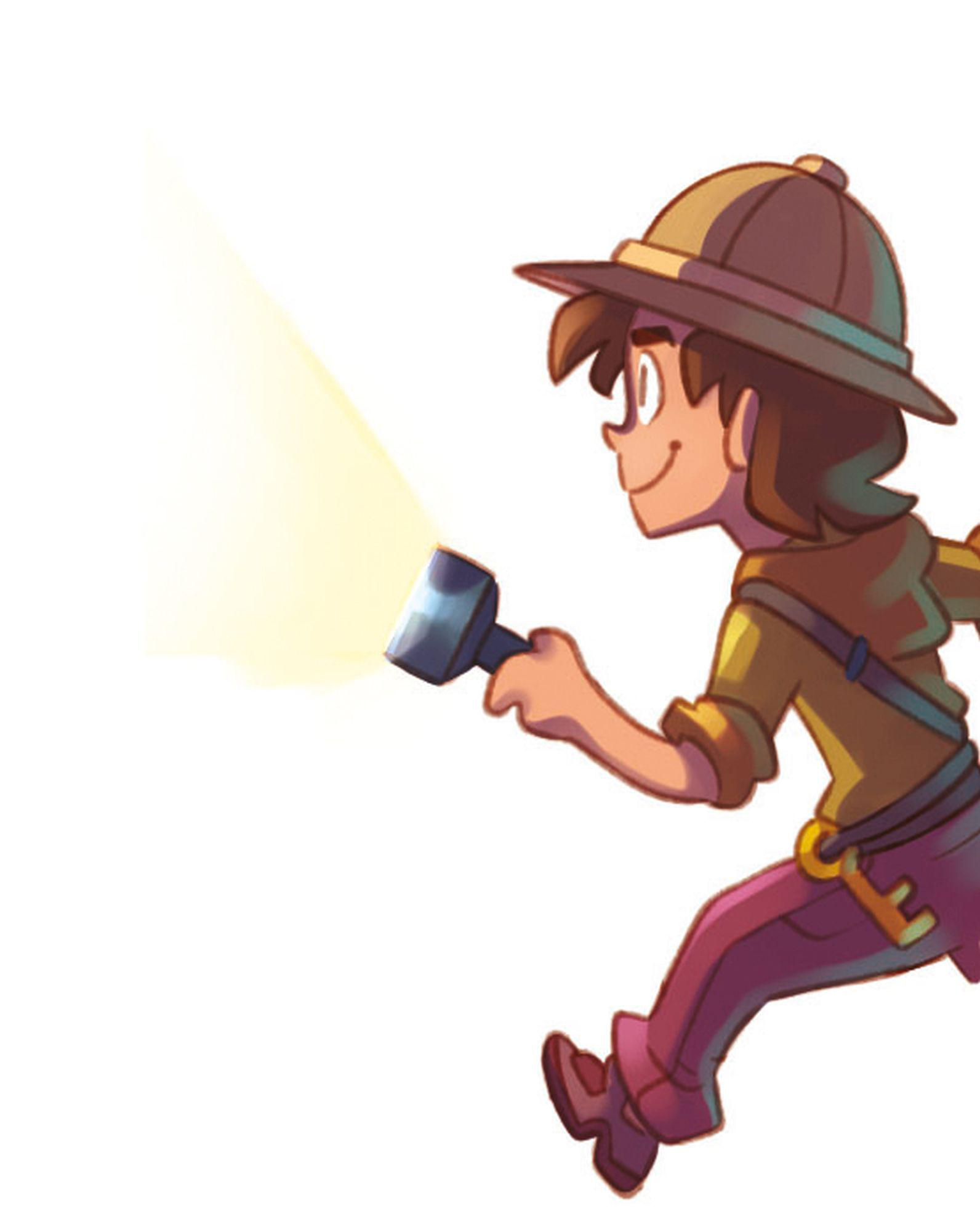 Cartoon-Junge rennt mit einer Taschenlampe. Helles Licht geht von der Taschenlampe aus, weißer Hintergrund.