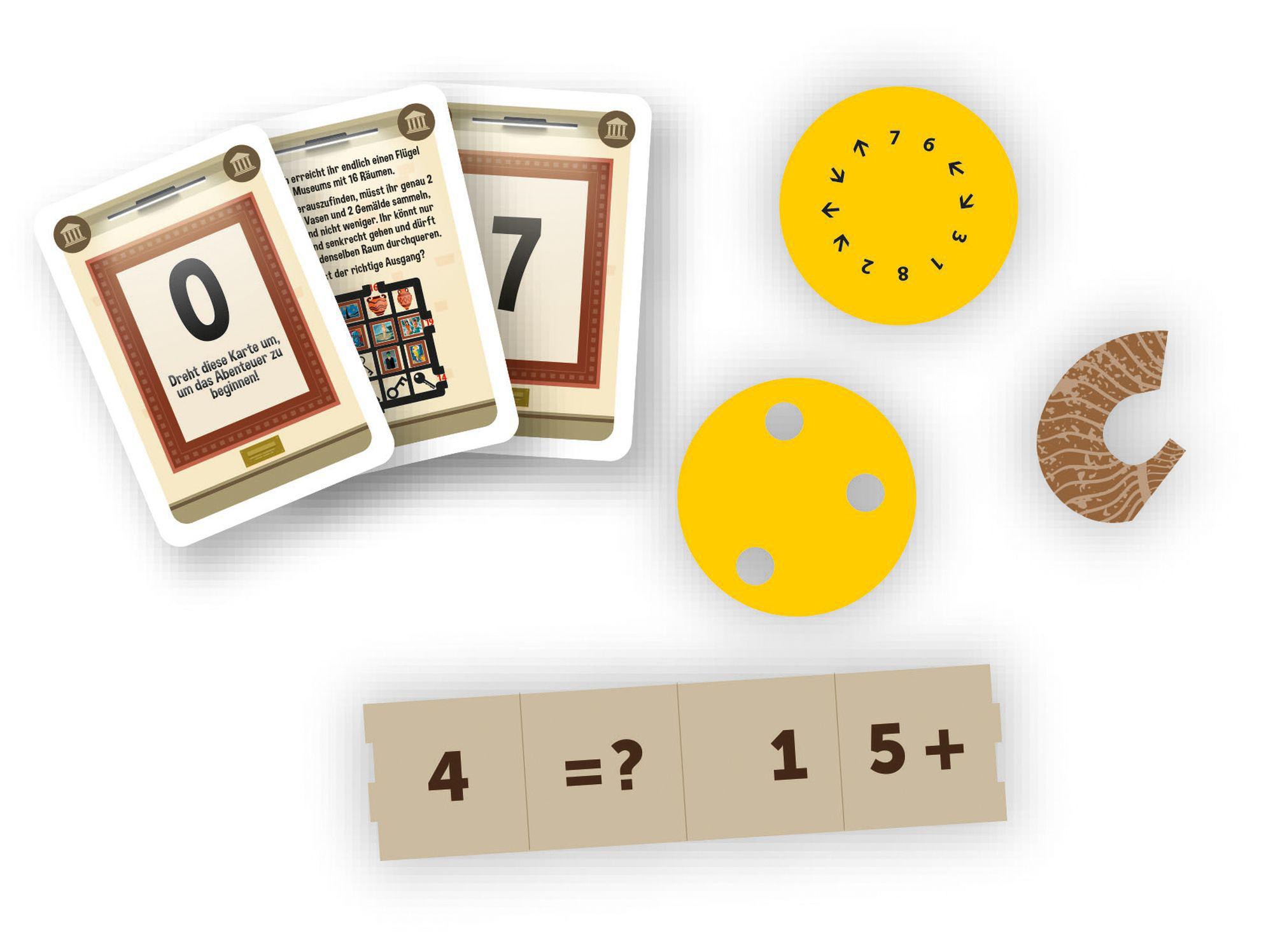 Spielsteine mit Karten und einer Uhr. Das Spiel besteht aus Zahlenkarten und Holzausschnitten.