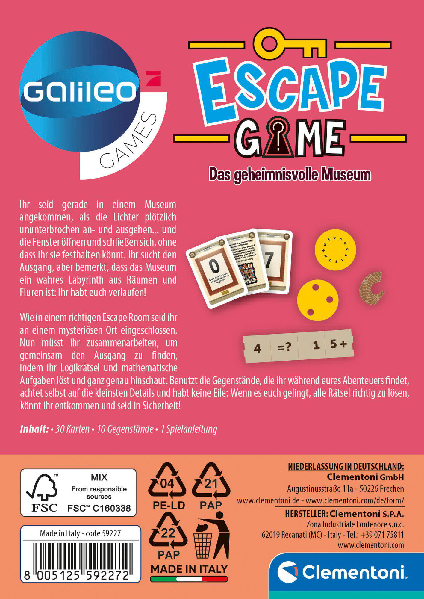 Die Rückseite einer Galileo Escape Game Box mit Spieldetails und Anweisungen auf Deutsch.