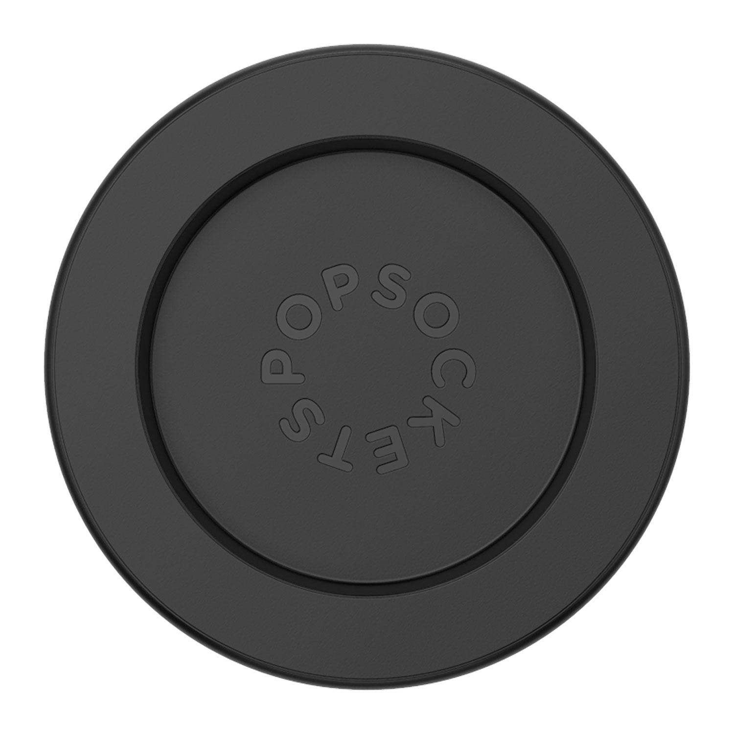 Schwarzer Popsocket mit dem Markennamen in weißen Buchstaben auf runder, flacher Oberfläche.