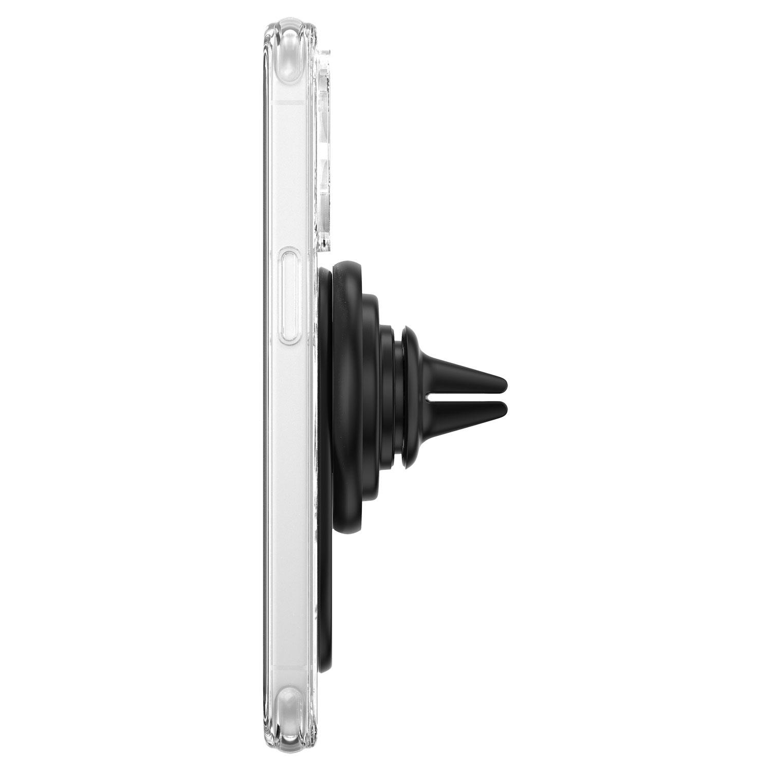 Eine transparente Handyhülle mit einem schwarzen Handygriff auf der Rückseite.