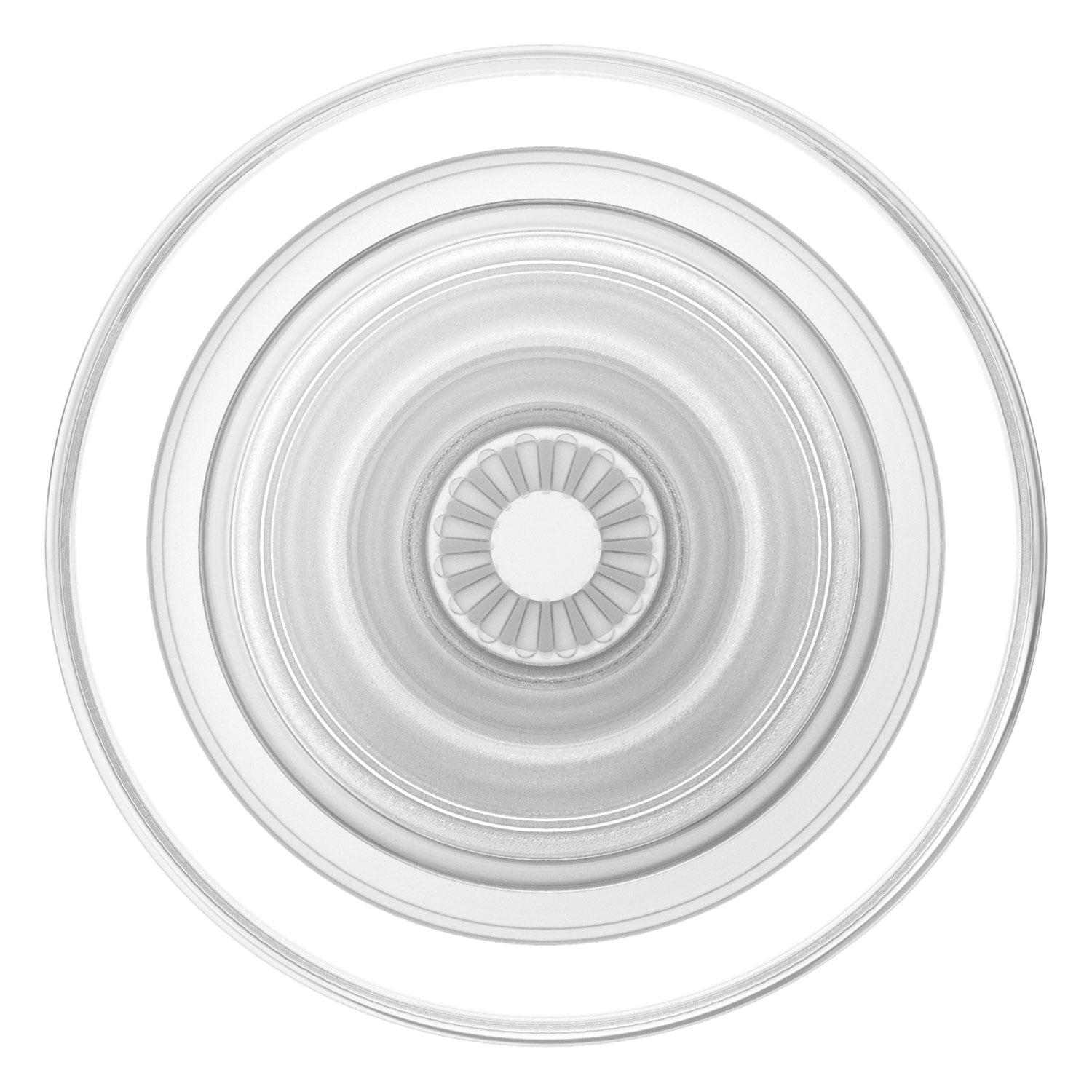 Ein weißes, glasartiges, kreisförmiges Objekt mit konzentrischen Ringen und einem blütenartigen Mitteldesign.