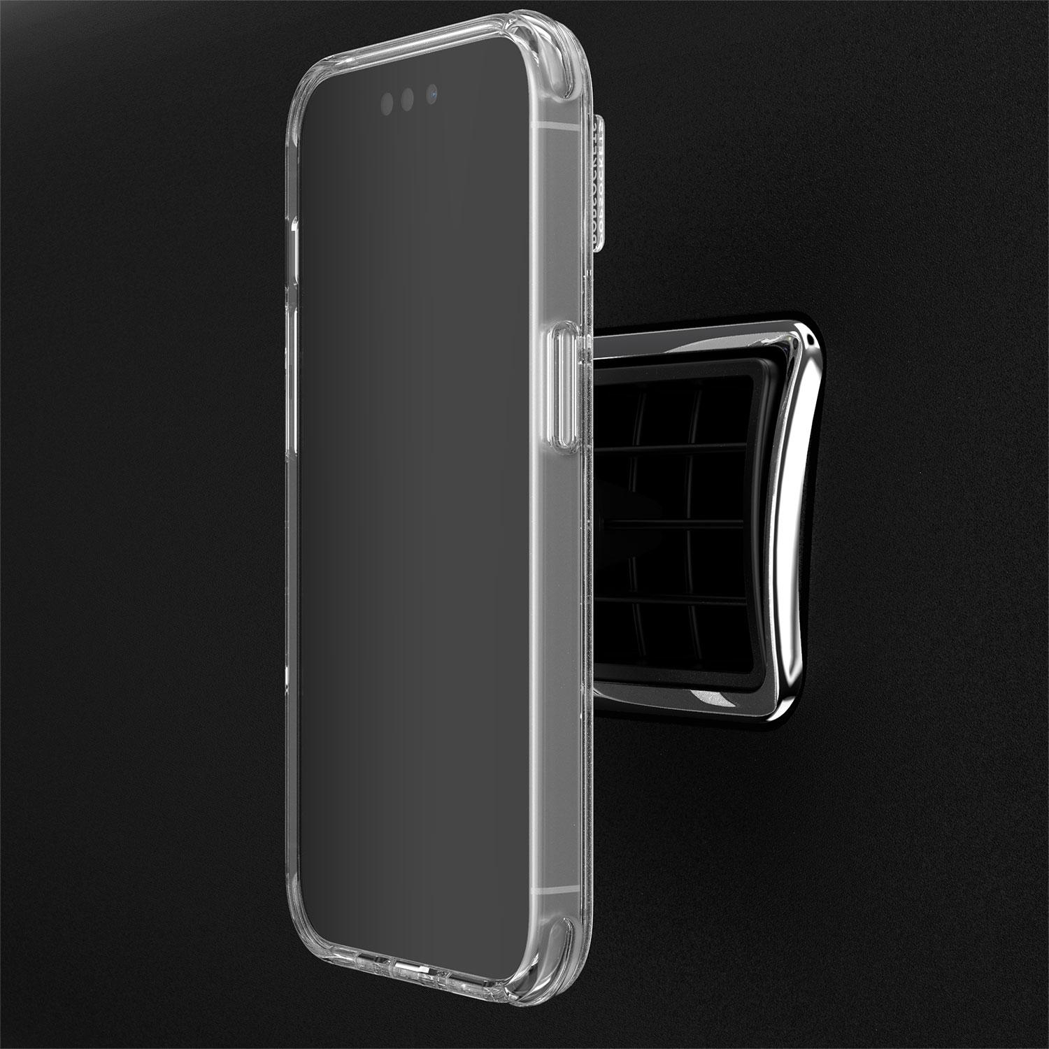 Transparente Handyhülle mit befestigtem Telefon, montiert auf schwarzer Oberfläche.