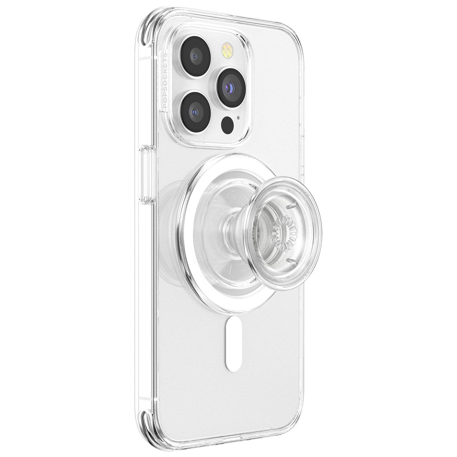 Eine transparente Handyhülle mit Pop-Socket auf der Rückseite, auf weißem Grund.