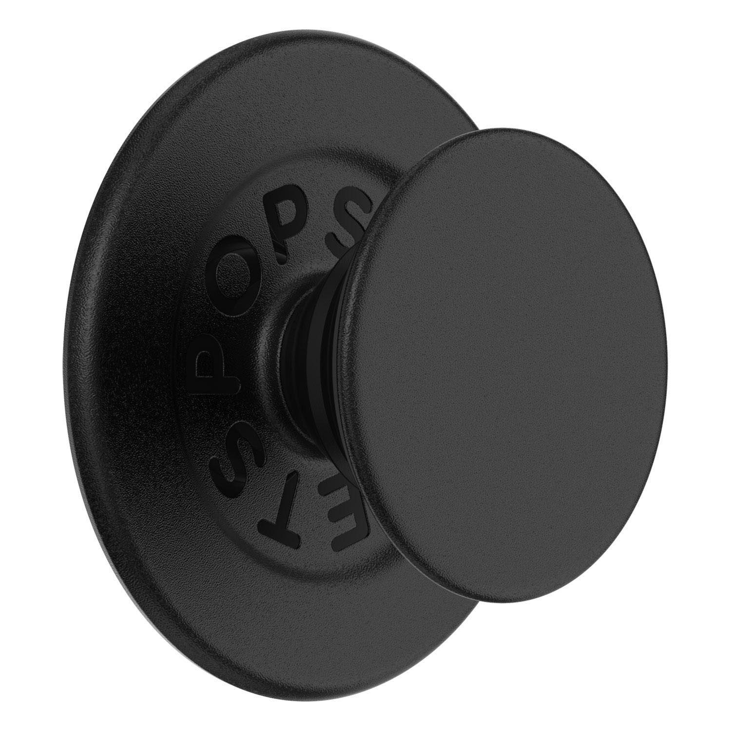 Schwarzer PopSockets-Griff. Der Griff ist rund mit dem PopSockets-Logo. Ein runder schwarzer Knopf springt heraus.