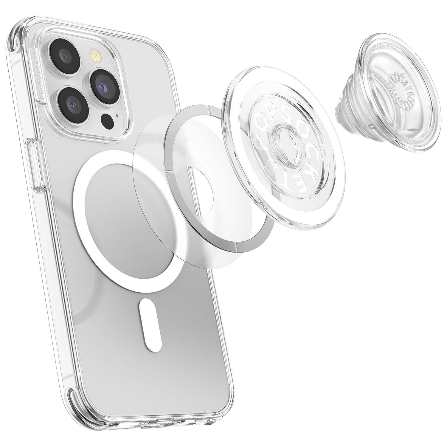 Transparente Handyhülle mit kreisförmigem Magnetring und Pop-Socket-Zubehör. Weißer Hintergrund.