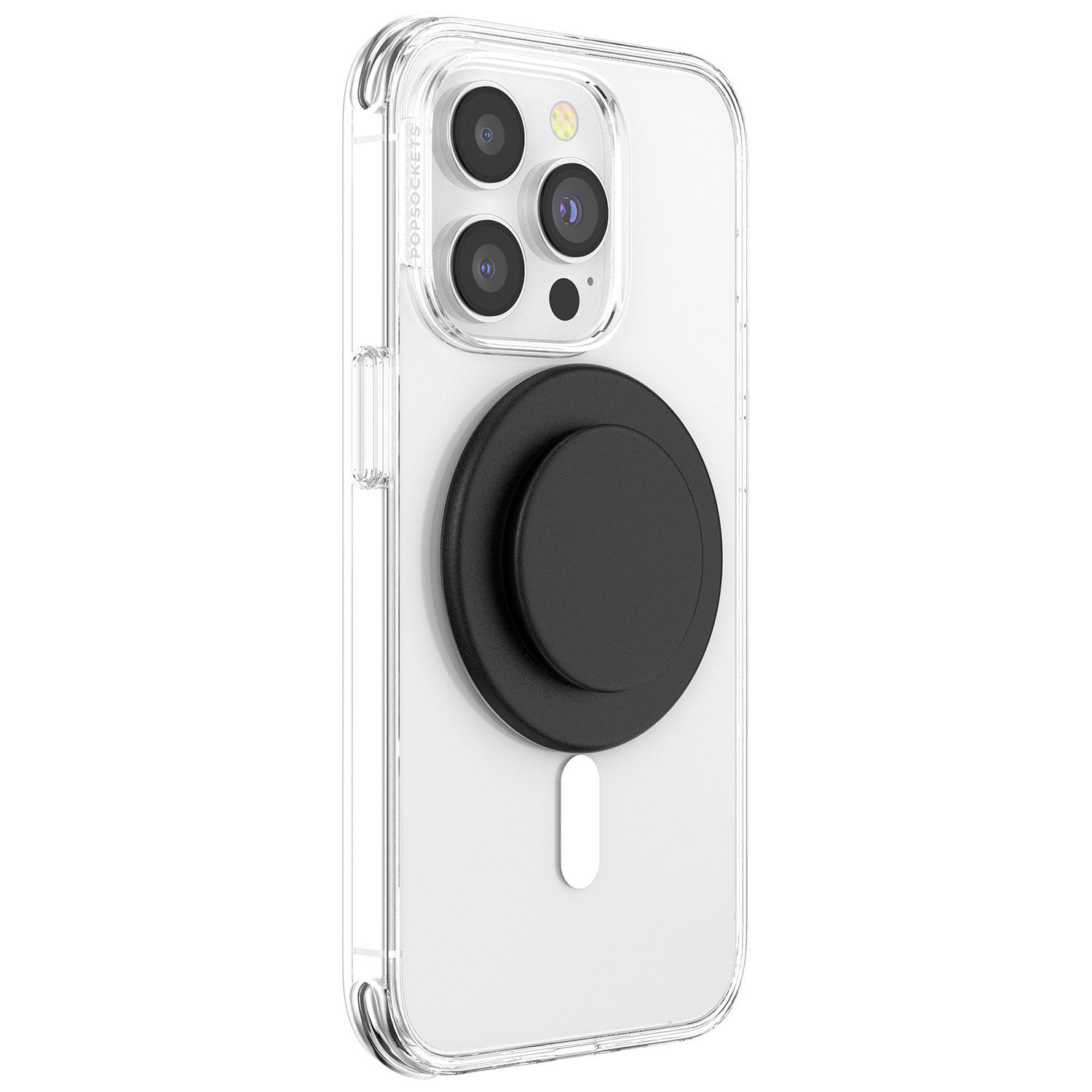 Eine transparente Handyhülle mit einem schwarzen Pop-Socket auf der Rückseite.