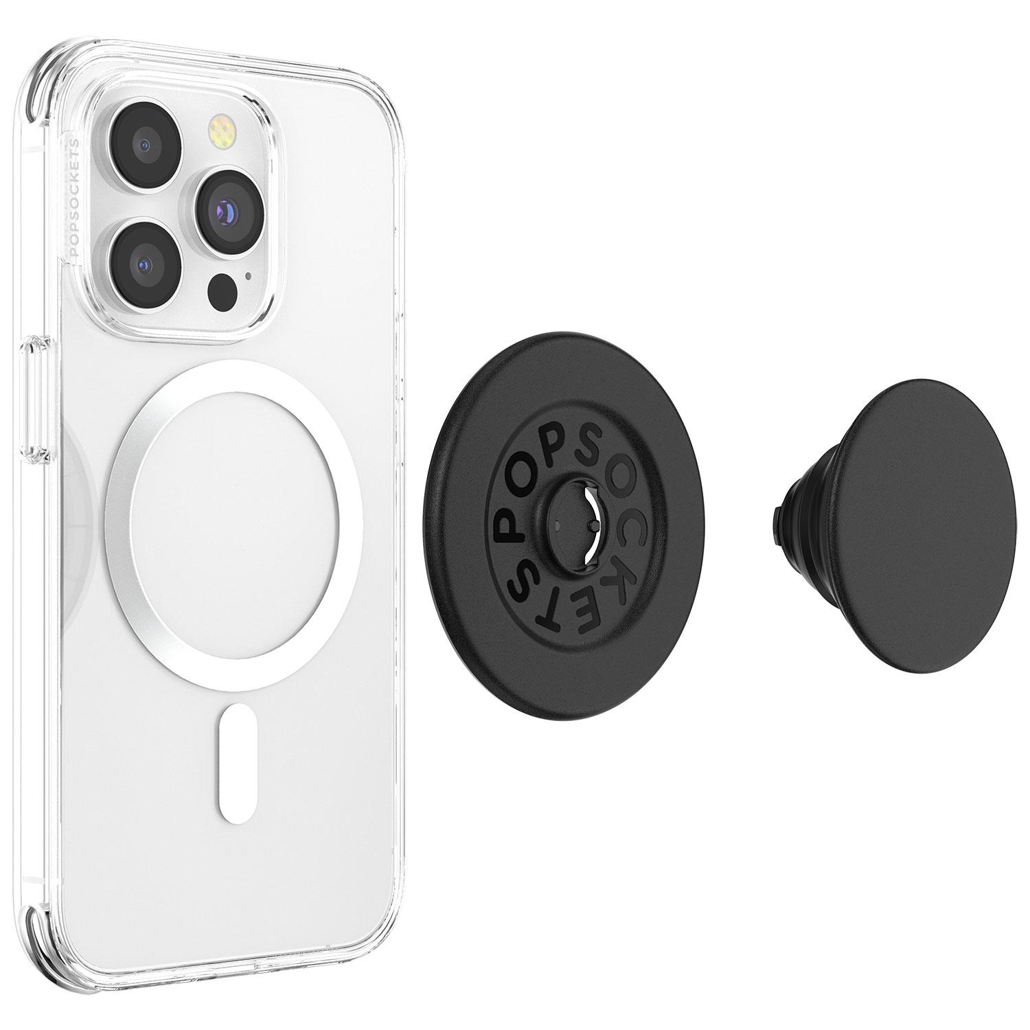 iPhone in transparenter Hülle, PopSockets und schwarzer PopSocket-Ständer.