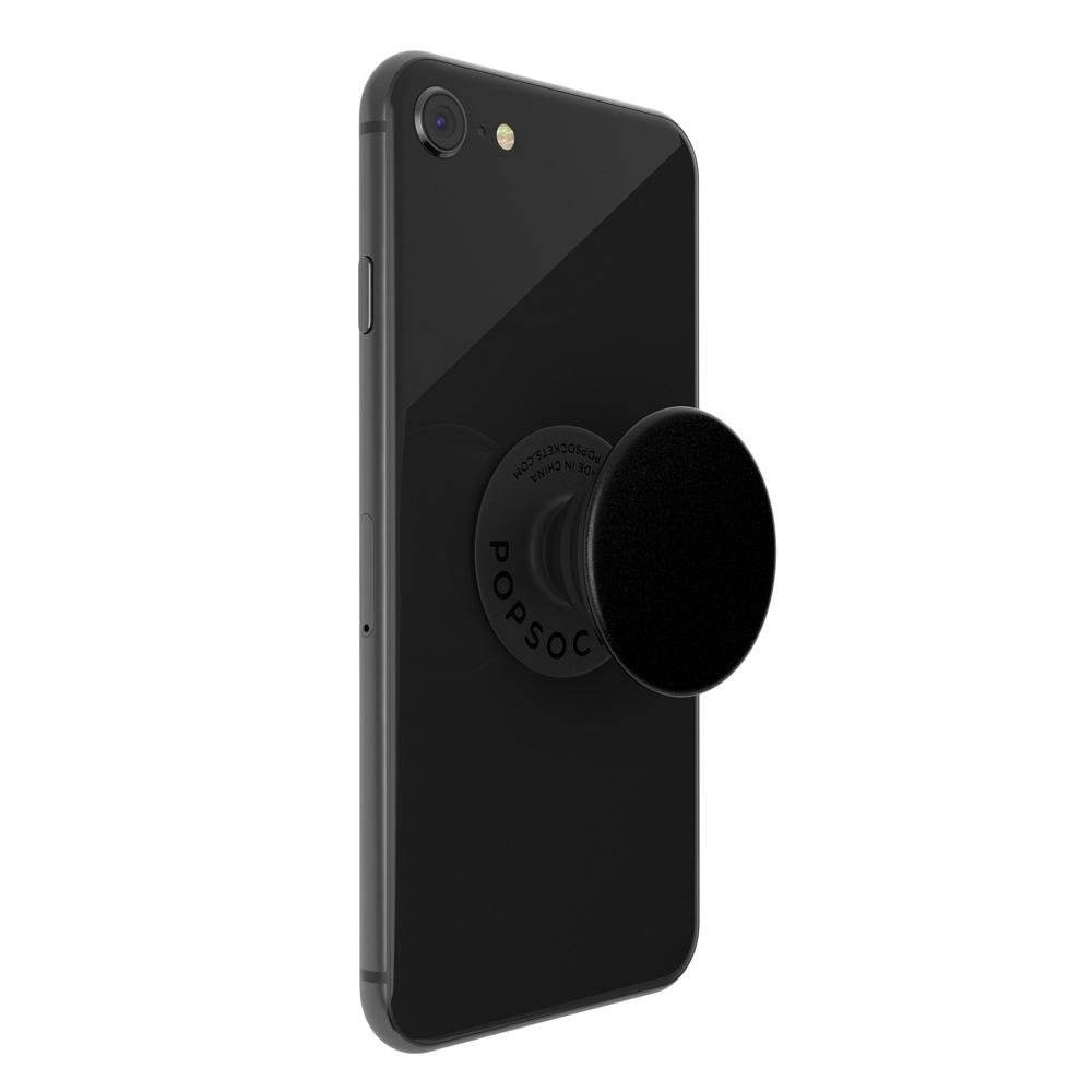 Schwarzes Smartphone mit Pop-Socket, zeigt die Rückseite des Telefons.