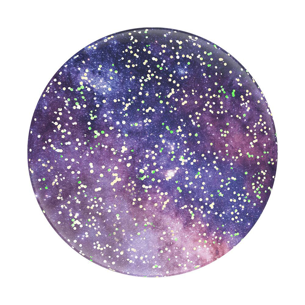 Ein runder, lila PopSocket im Galaxien-Design mit weißen und grünen Sprenkeln.