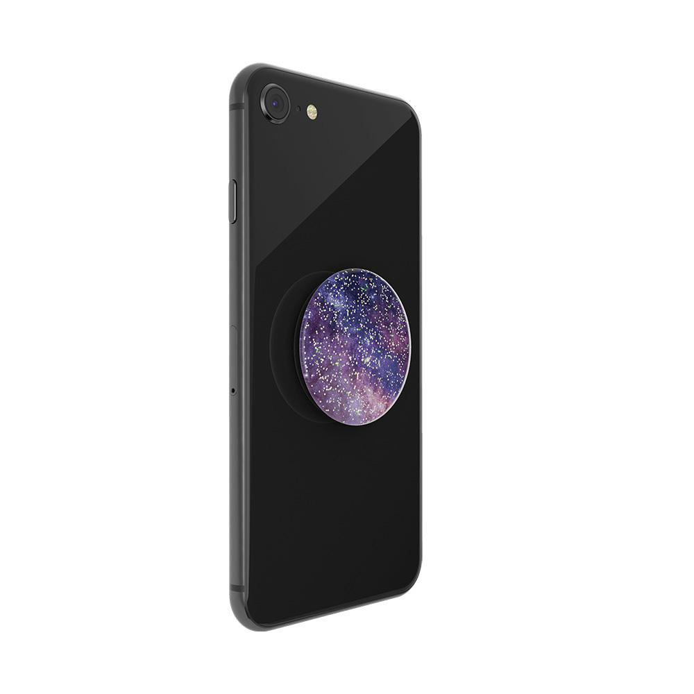 Schwarzes Smartphone mit lila Galaxy PopSocket auf der Rückseite.