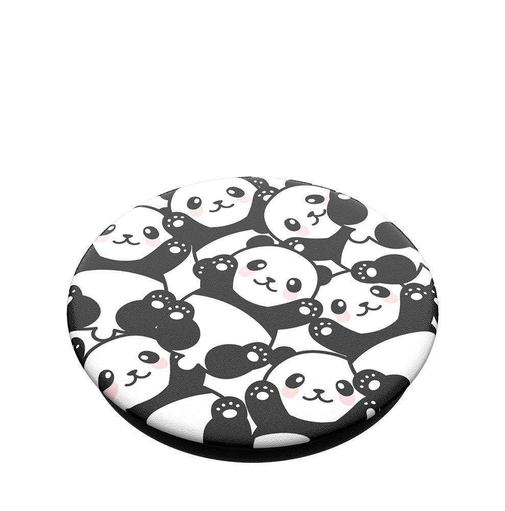 Ein kreisförmiger Handyhalter mit schwarz-weißen Pandabären bedeckt.
