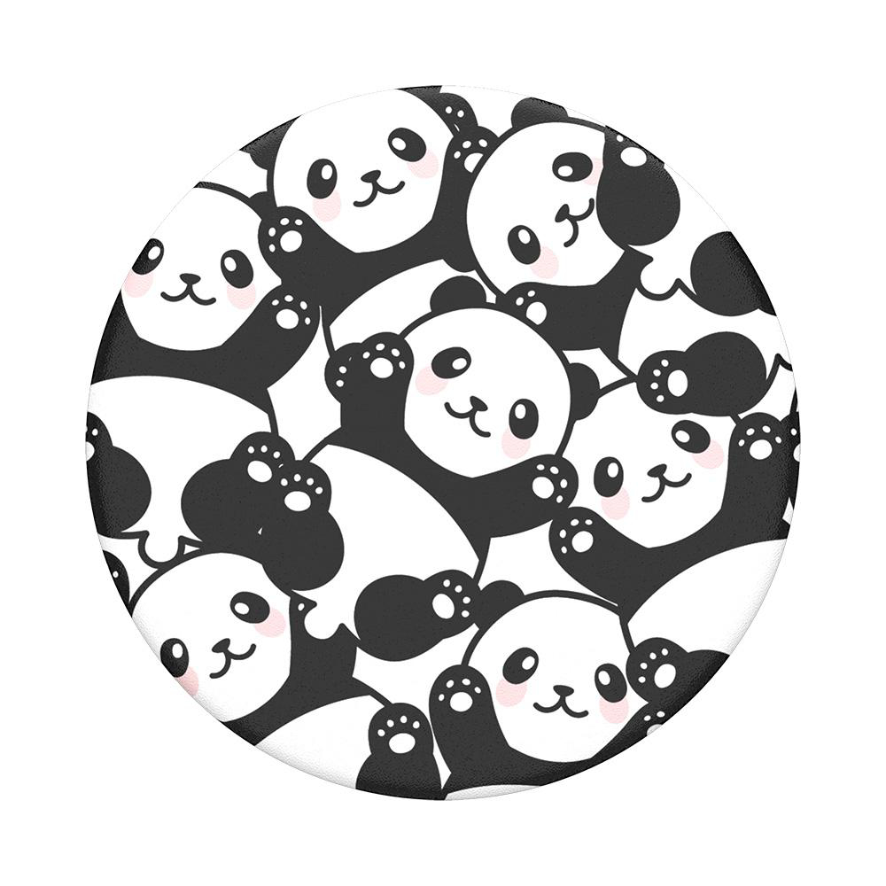 Ein runder Popsocket mit einem Muster aus Cartoon-Pandas auf weißem Hintergrund.