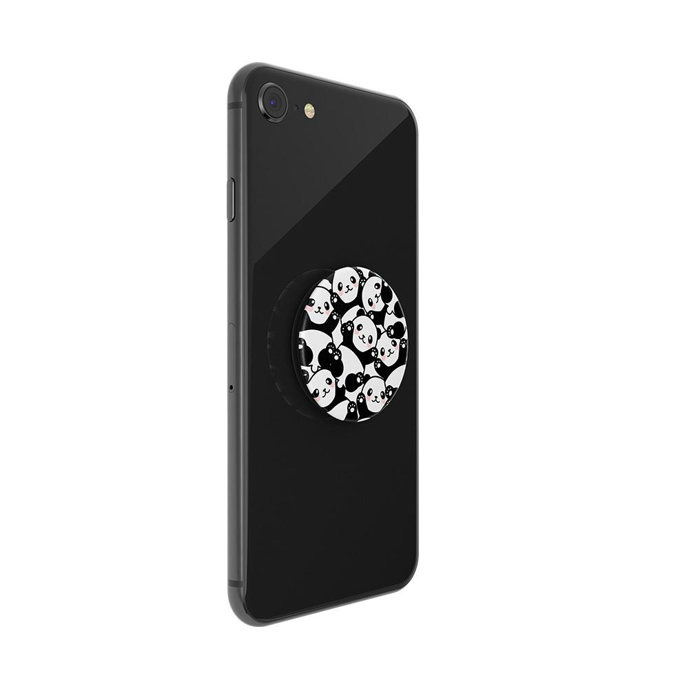 Schwarzes Telefon mit Panda-PopSocket, wei ßes und schwarzes Panda-Design, schräge Ansicht.