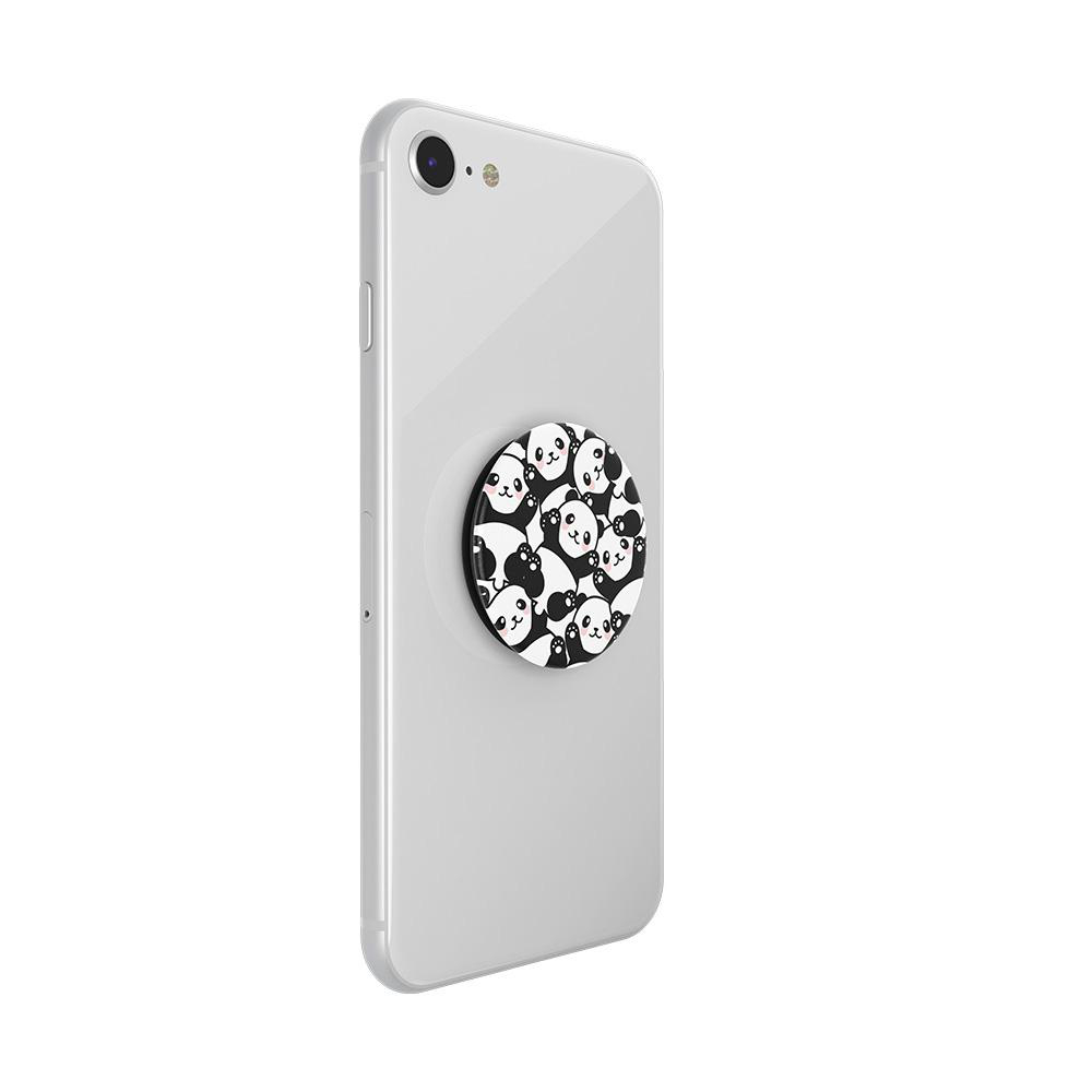 Weißes Telefon mit Panda Pop-Sockel, isoliert auf weißem Hintergrund.