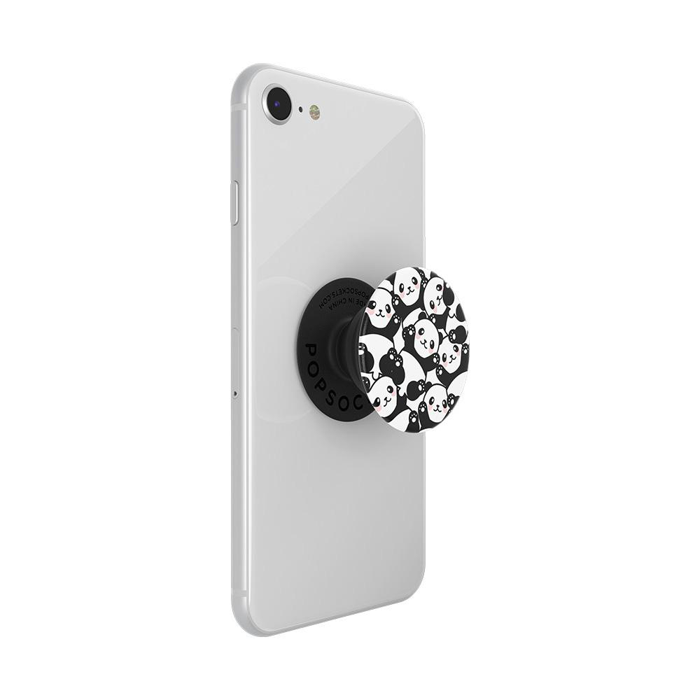 Weißes Telefon mit einem Panda PopSocket befestigt. Weißer Hintergrund.