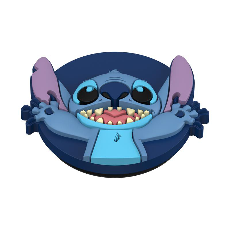 Stitch-Figur, blauer Körper, rosa Ohren, offener Mund.