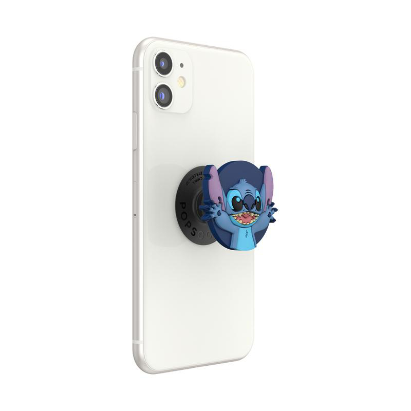 Weißes Telefon mit angebrachtem Stitch PopSocket. Stitch ist blau, lächelt mit großen Ohren.