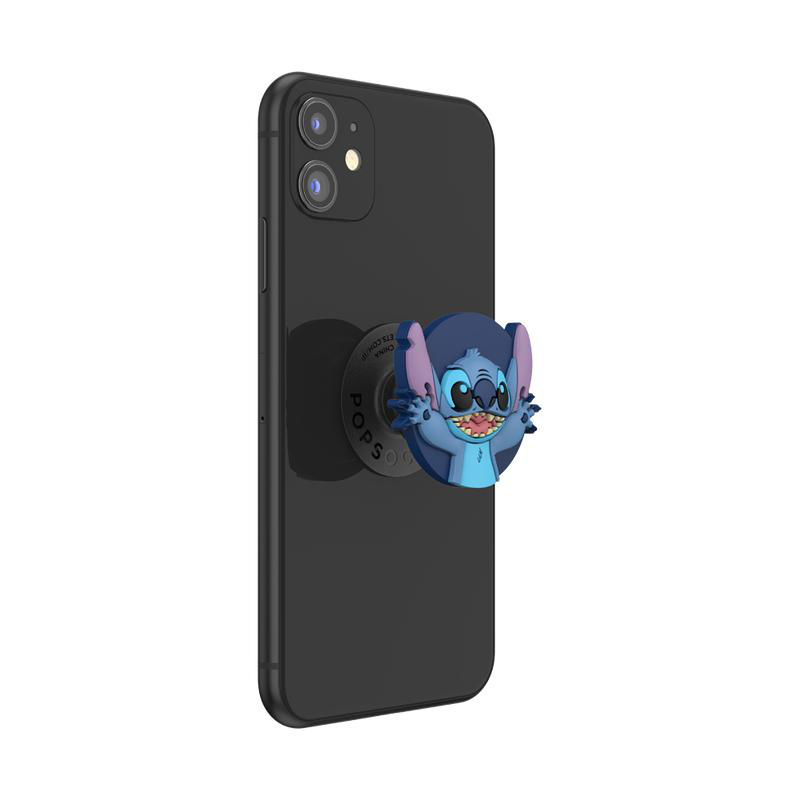 Ein schwarzes iPhone mit einem Stitch PopSocket. Der PopSocket zeigt Stitch aus Lilo und Stitch.