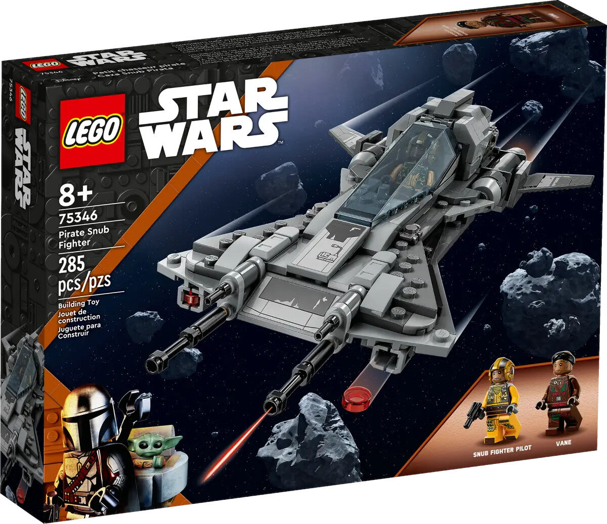 Zestaw Lego Star Wars z statkiem kosmicznym, dwiema figurkami i kosmicznym tłem.