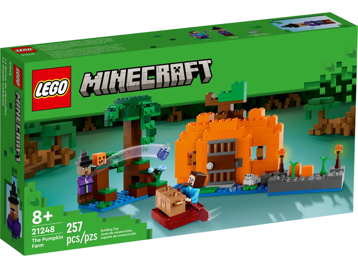 Pudełko z zestawem Lego Minecraft pokazujące scenę z farmy z figurkami i domem z dyni.